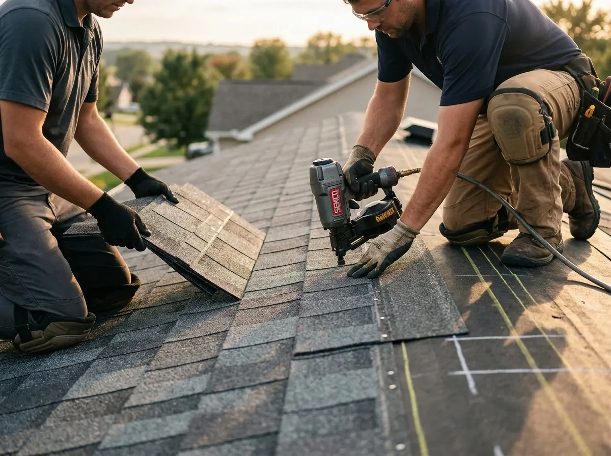 Professional roofer working on a residential roof in Wilton